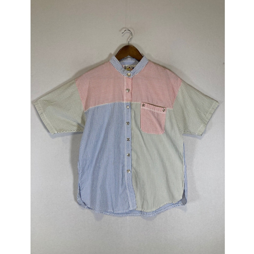Vintage 90s C.A. Sport Womens Med Multicolor Striped Seersucker Button‎ Up Shirt